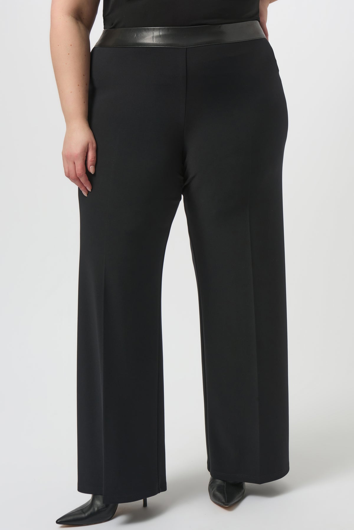 Joseph Ribkoff Black Silky Knit &amp; Leatherette Wide-Leg Pants