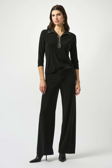 Joseph Ribkoff Black Silky Knit & Leatherette Wide-Leg Pants