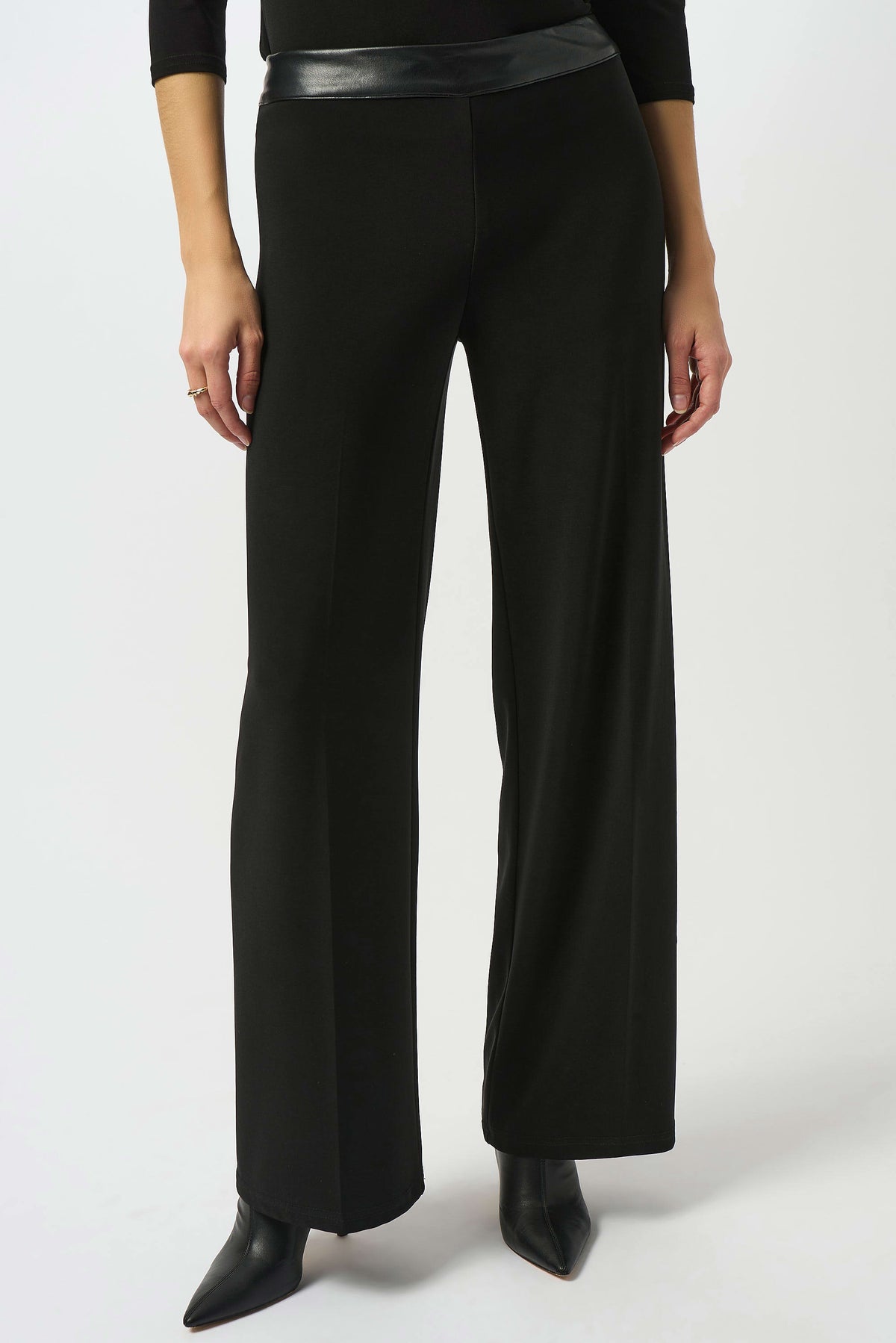 Joseph Ribkoff Black Silky Knit &amp; Leatherette Wide-Leg Pants