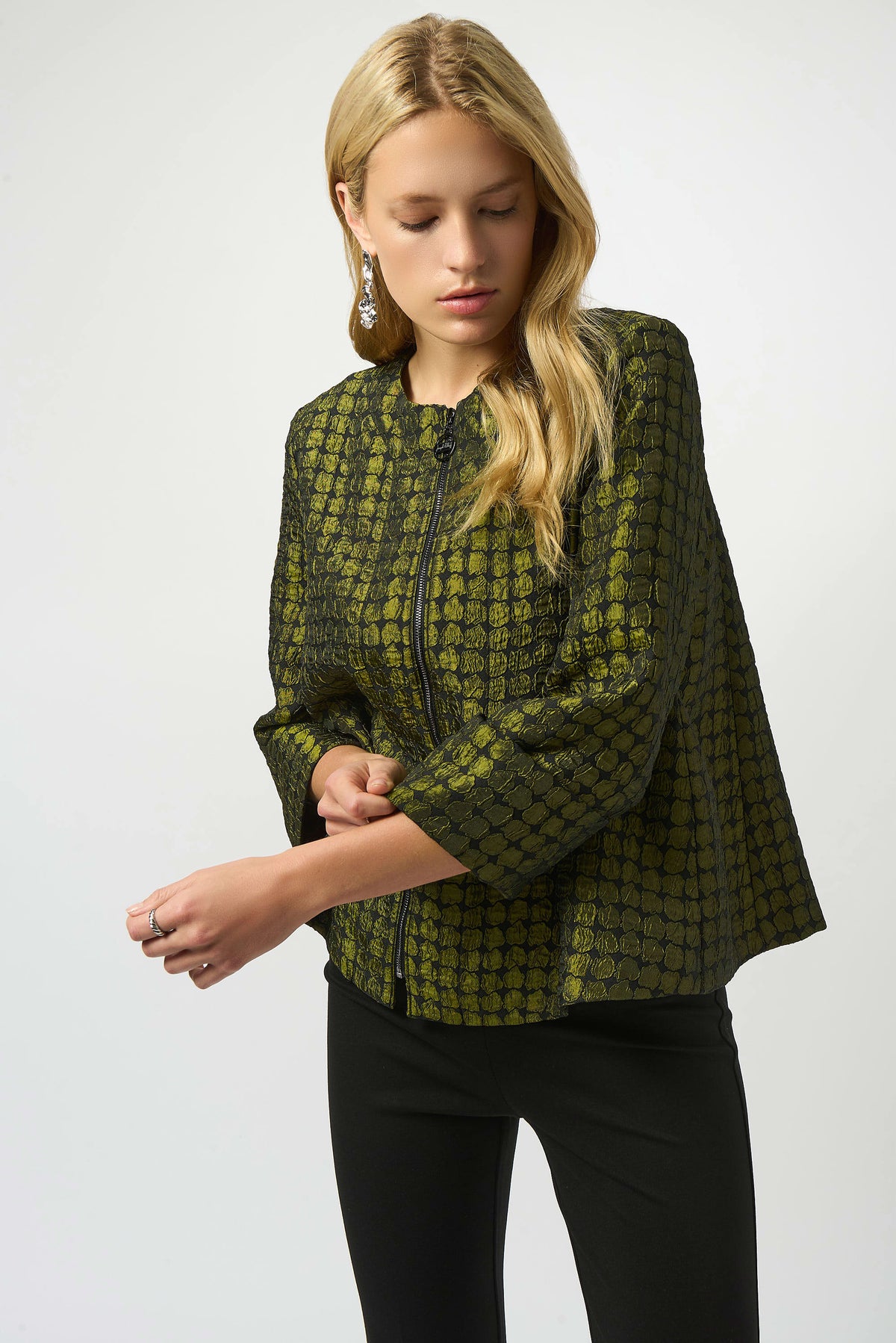 Joseph Ribkoff Black/Green Textured Dot Jacquard Swing Jacket