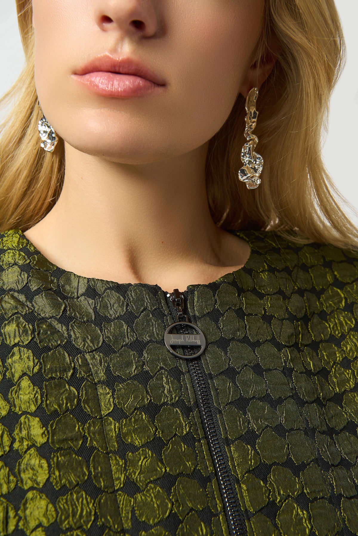 Joseph Ribkoff Black/Green Textured Dot Jacquard Swing Jacket