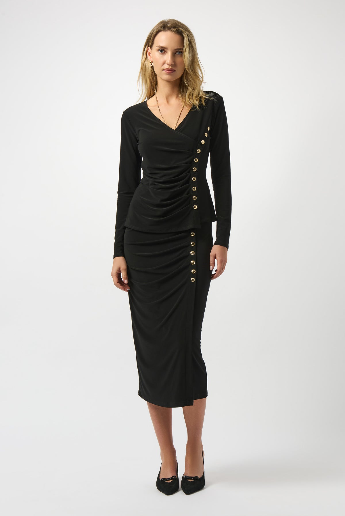 Joseph Ribkoff Black Silky Knit Fitted Wrap Top