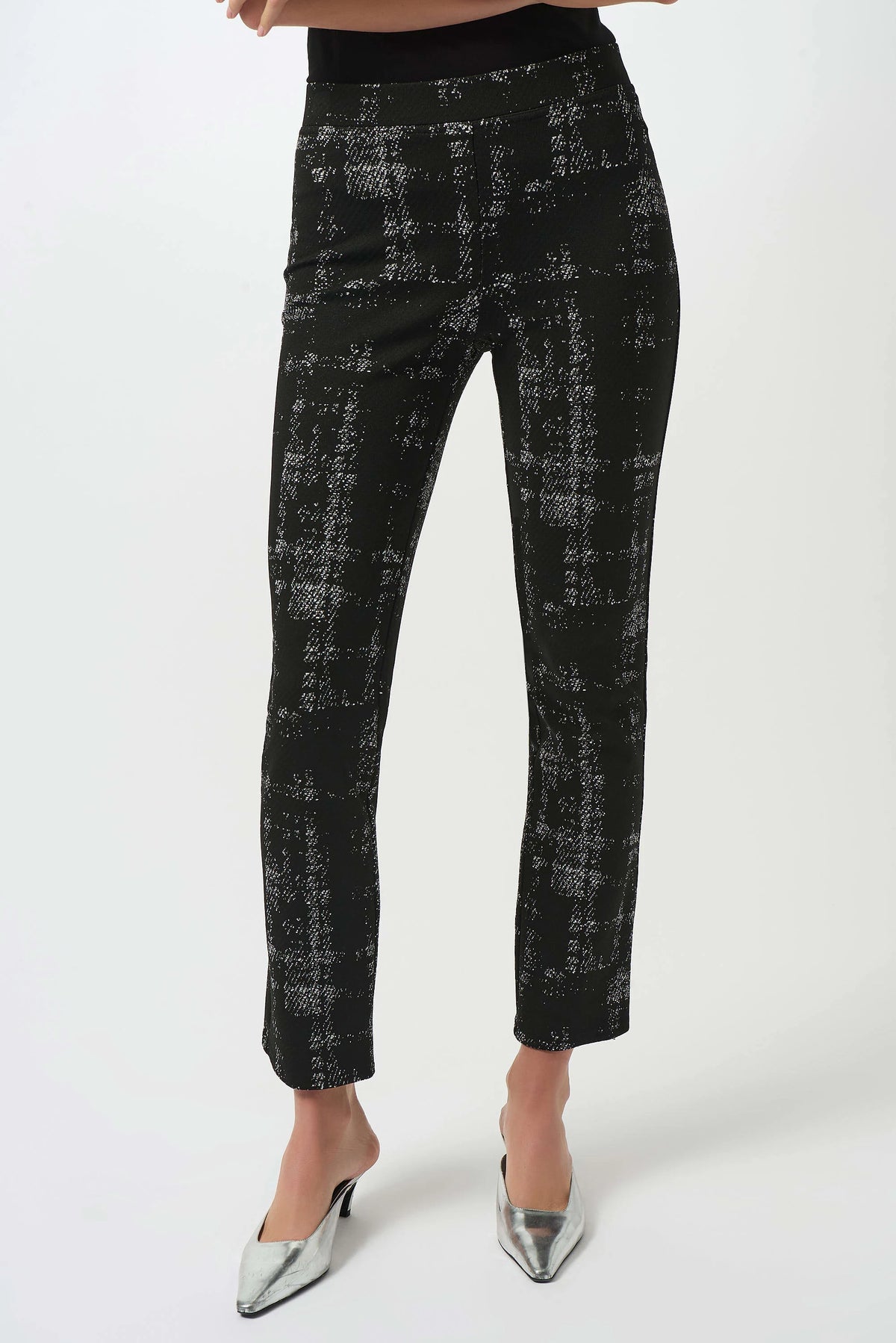 Joseph Ribkoff Black/Off White Jacquard Sweater Plaid Print Pull-On Pants