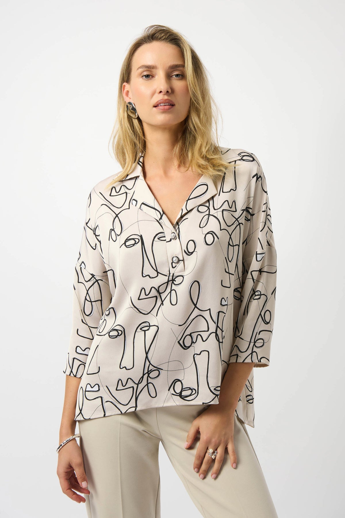 Joseph Ribkoff Hammered Satin Abstract Face Print Boxy Top