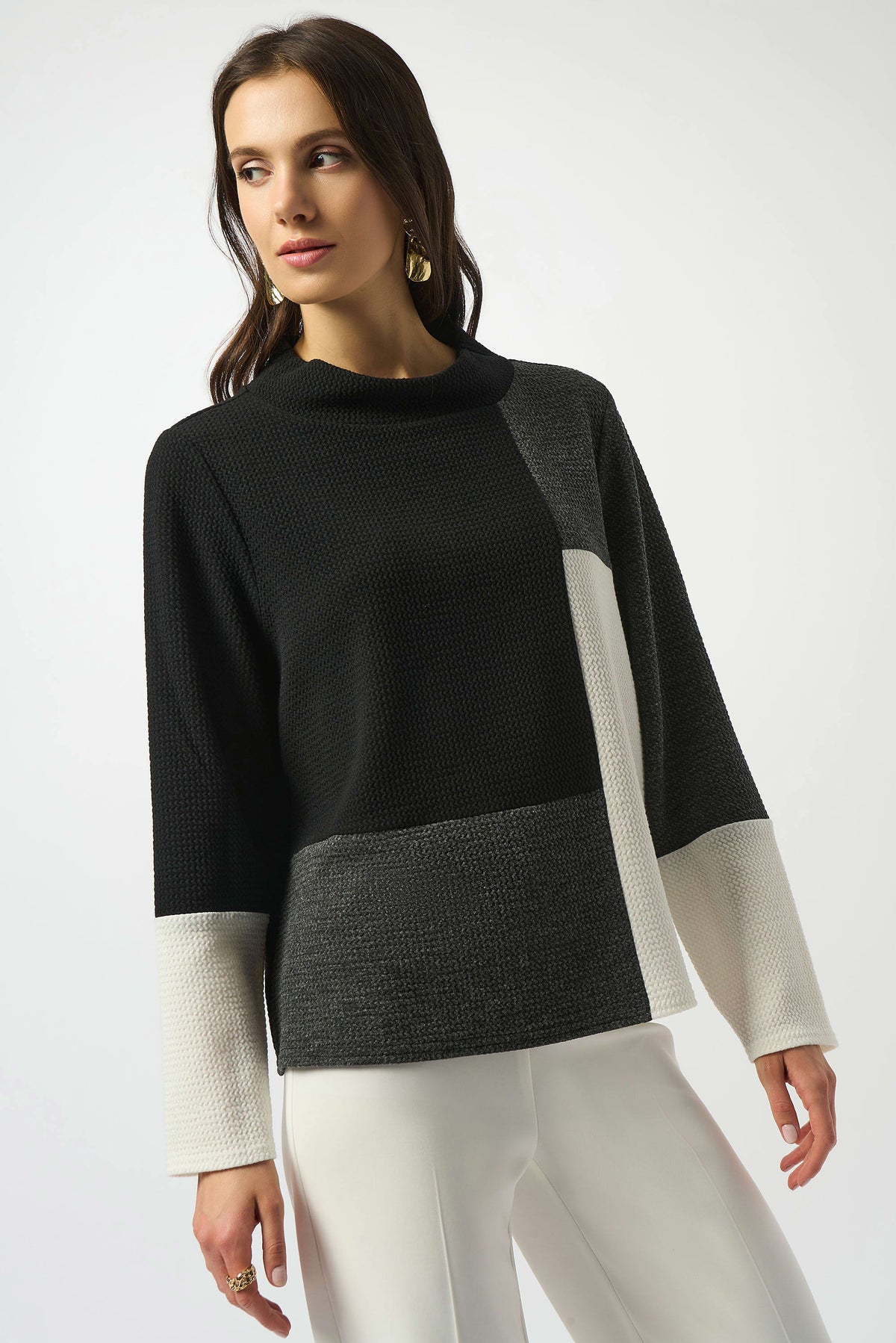 Joseph Ribkoff Black/Winter White/Grey Jacquard Knit Colour-Block Boxy Top