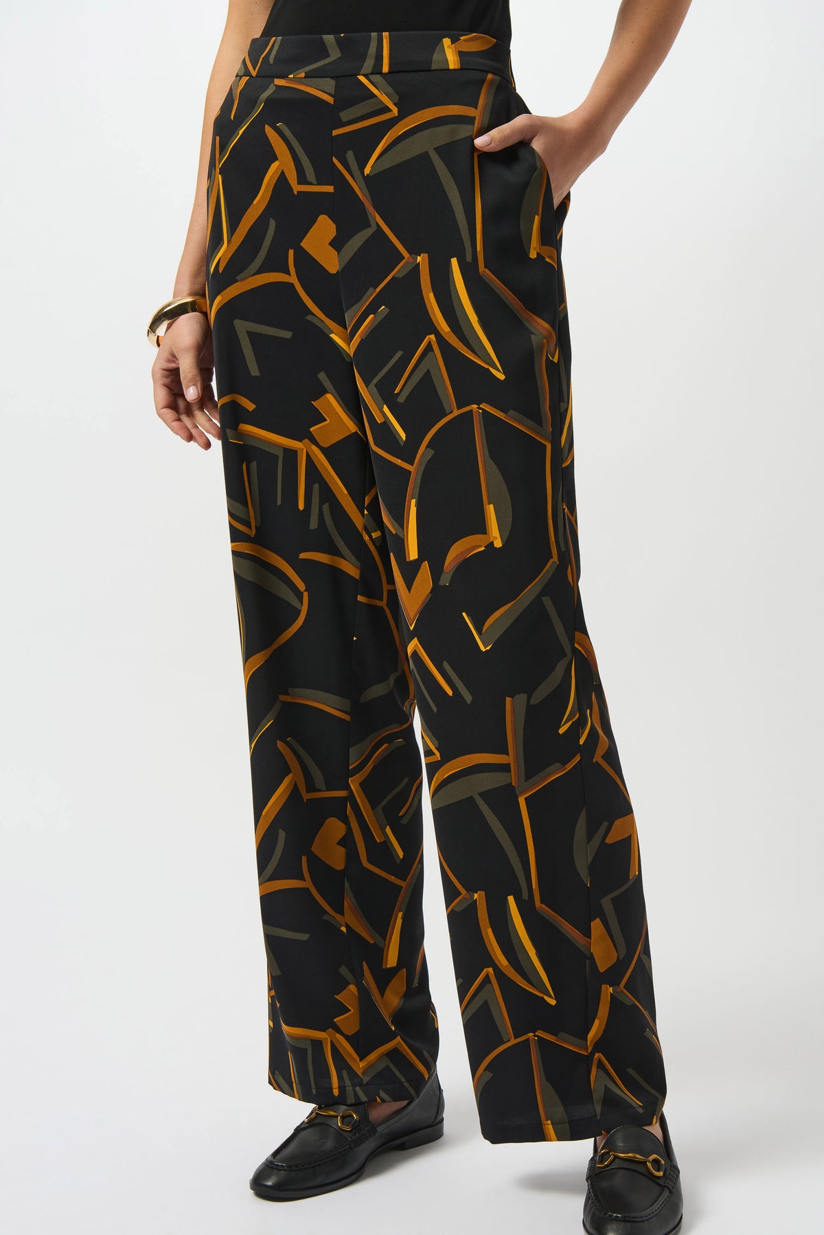 Joseph Ribkoff Black/Multi Recycled Woven Geometric Print Wide-Leg Pants