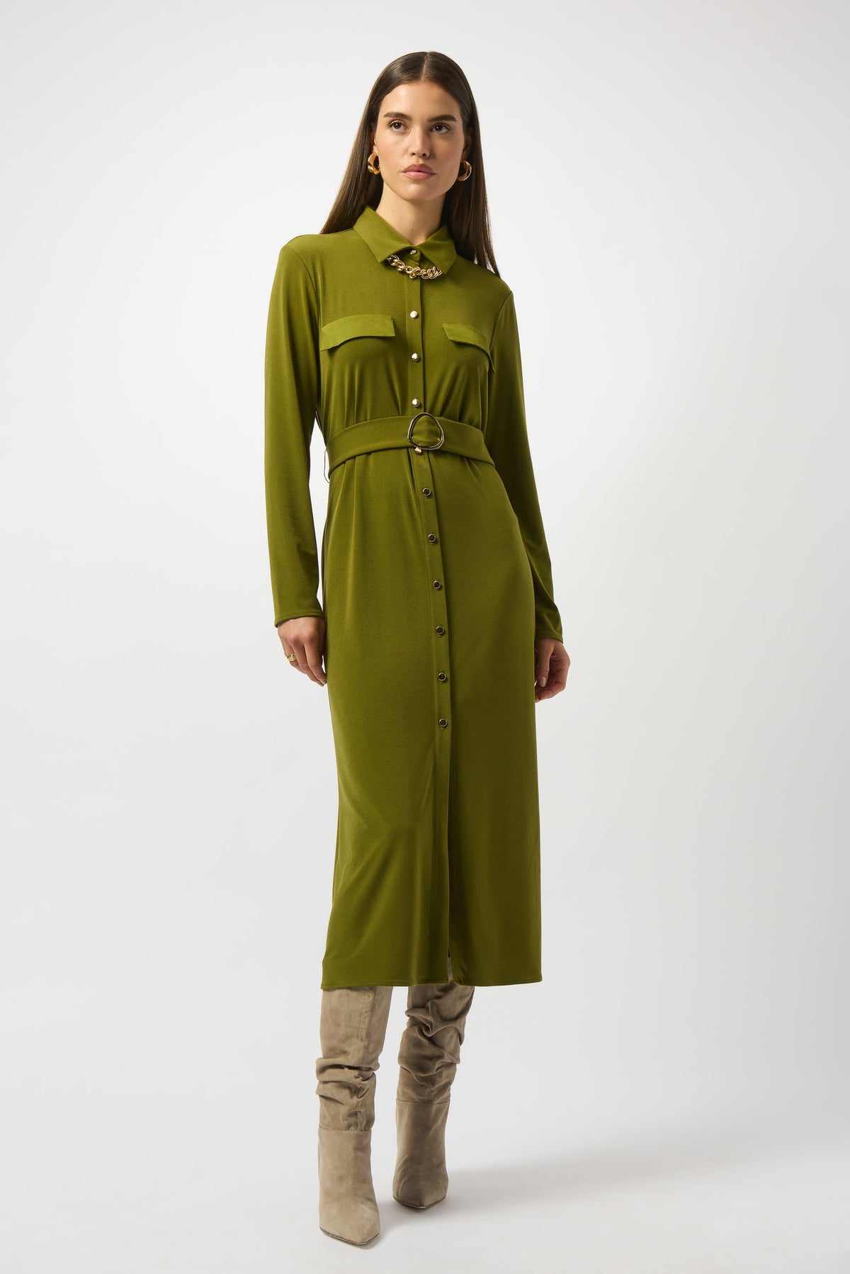 Joseph Ribkoff Artichoke Moss Crepe And Satin Straight Shirt Dress
