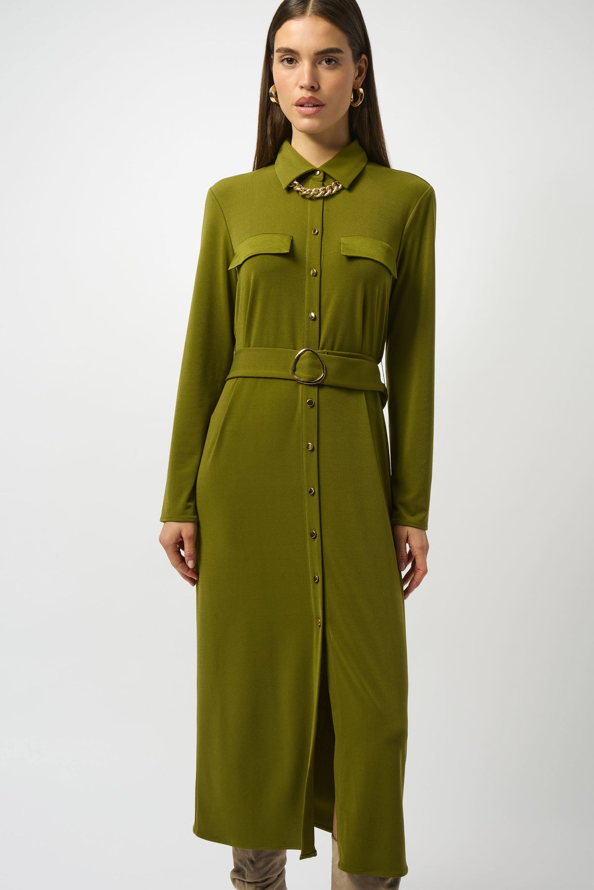 Joseph Ribkoff Artichoke Moss Crepe And Satin Straight Shirt Dress