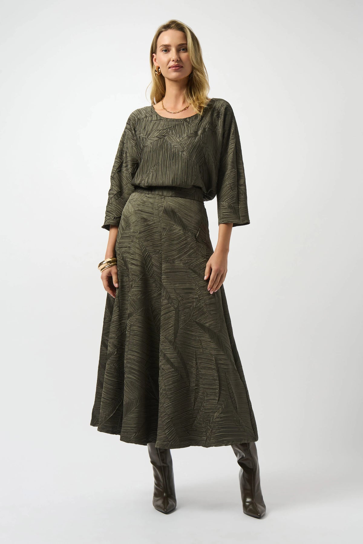 Joseph Ribkoff Avocado Pleated Satin Long Flared Skirt