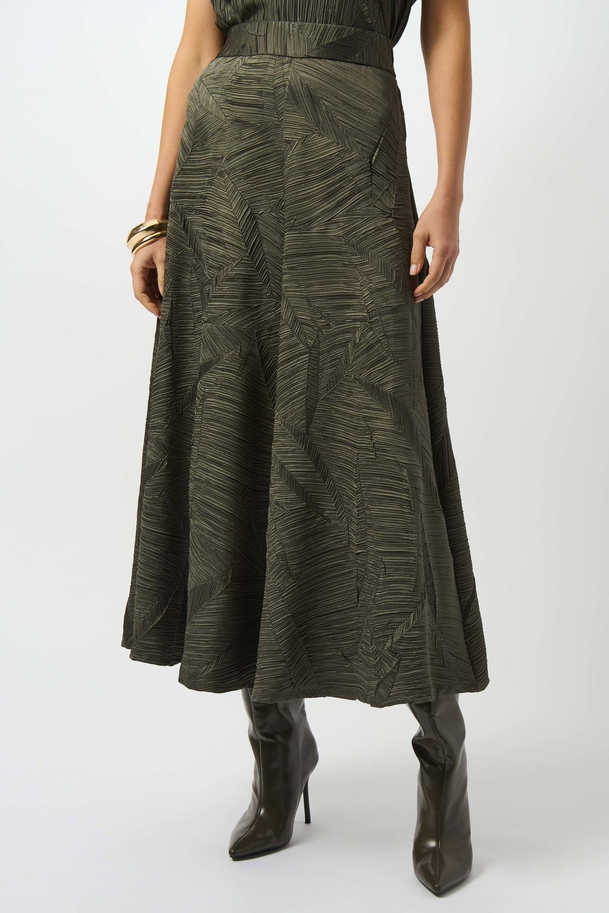 Joseph Ribkoff Avocado Pleated Satin Long Flared Skirt