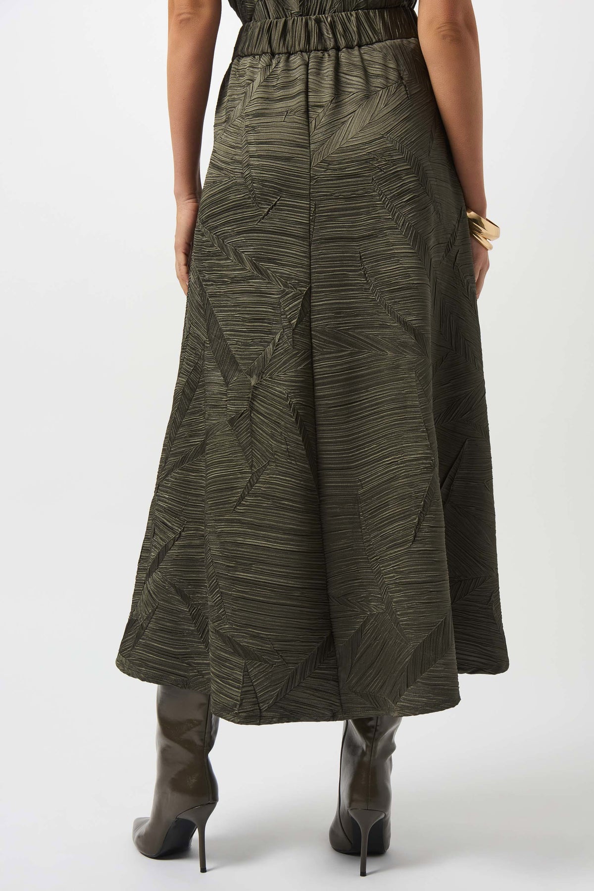 Joseph Ribkoff Avocado Pleated Satin Long Flared Skirt