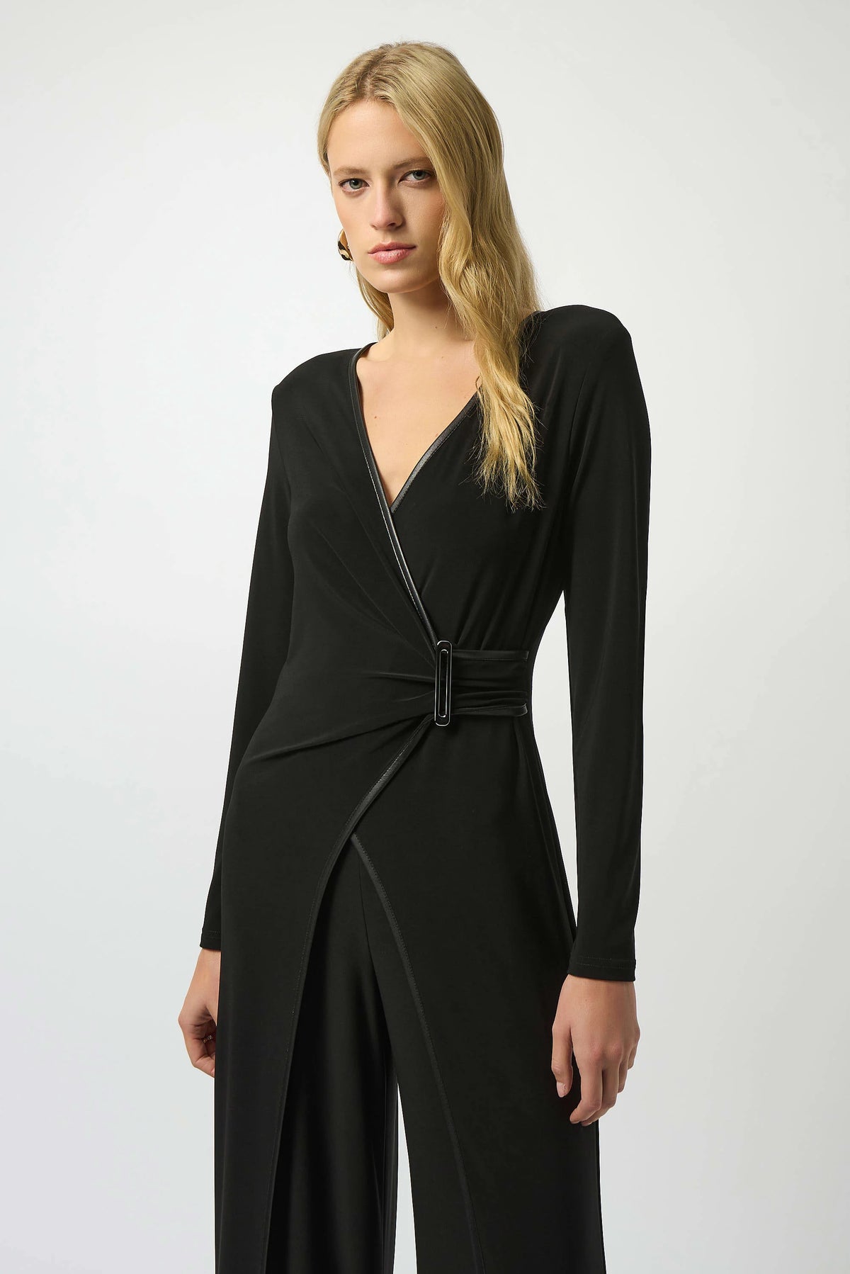 Joseph Ribkoff Black Silky Knit &amp; Leatherette Wide-Leg Jumpsuit