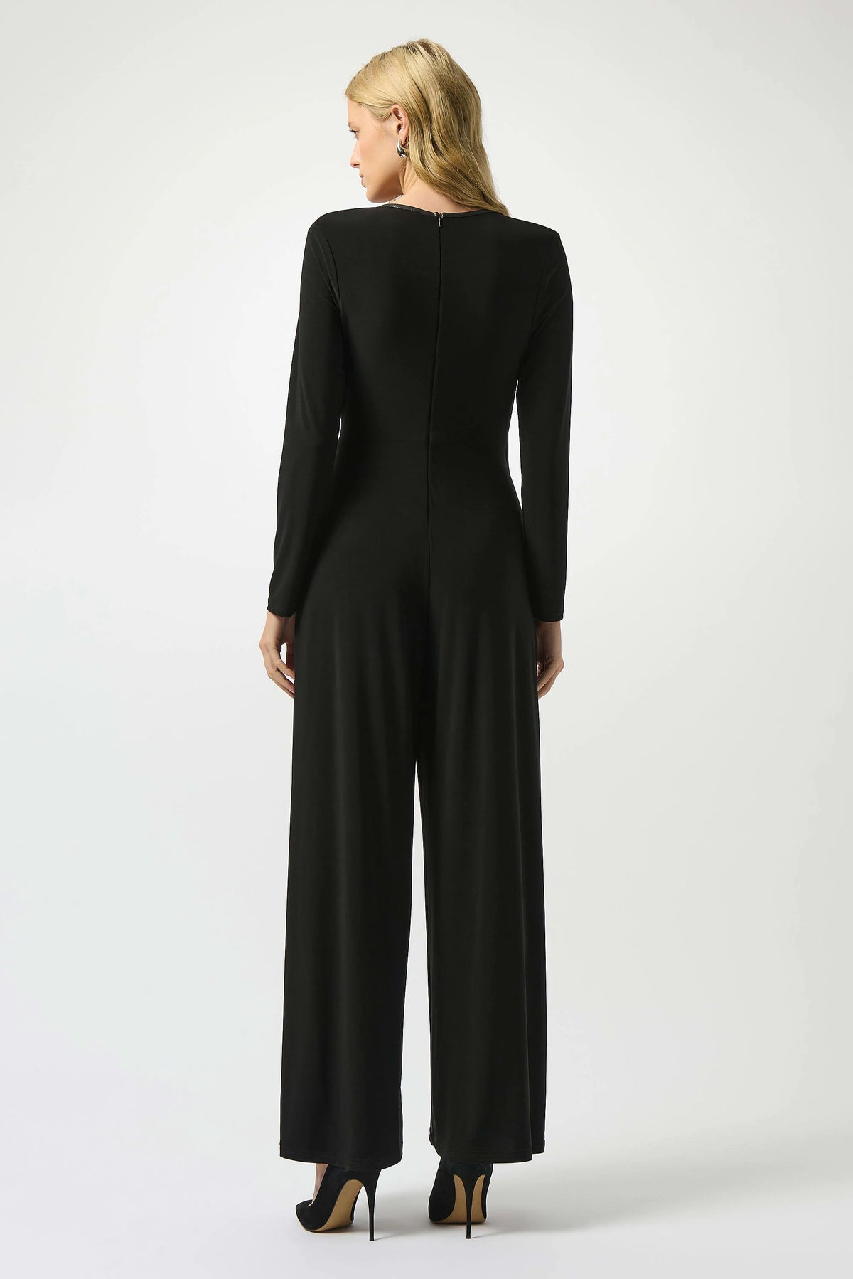 Joseph Ribkoff Black Silky Knit &amp; Leatherette Wide-Leg Jumpsuit