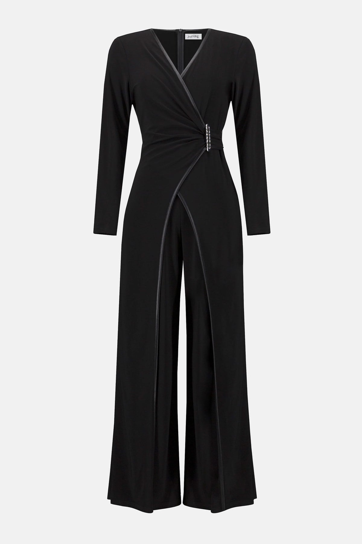 Joseph Ribkoff Black Silky Knit &amp; Leatherette Wide-Leg Jumpsuit