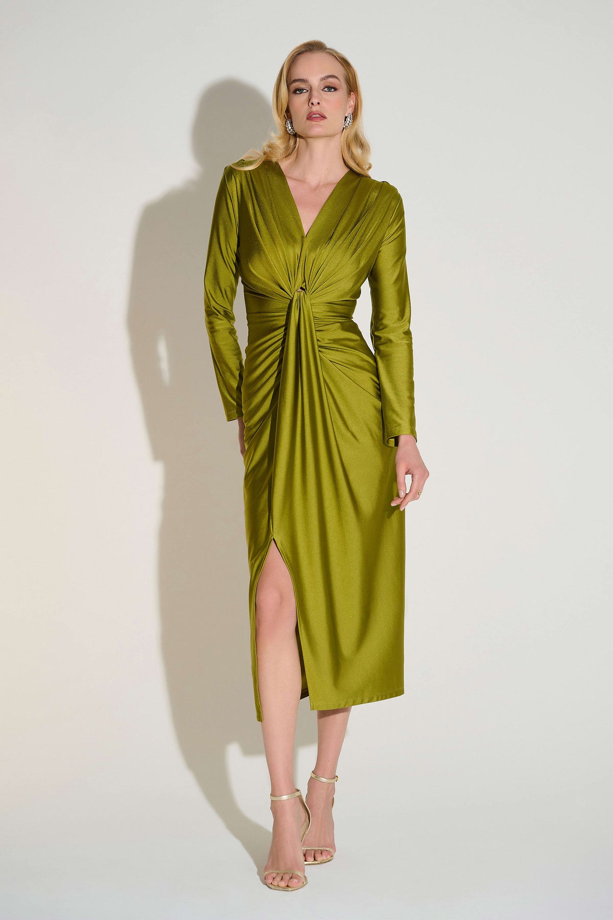 Joseph Ribkoff Fern Satin Effect Knit Draped V-Neck Sheath Dress