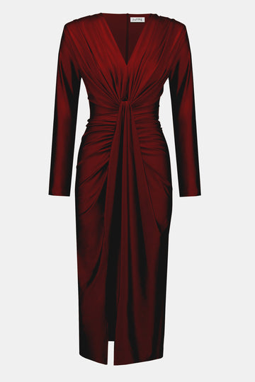Joseph Ribkoff Merlot Signature | Satin Effect Knit Draped V-Neck Sheath Dress