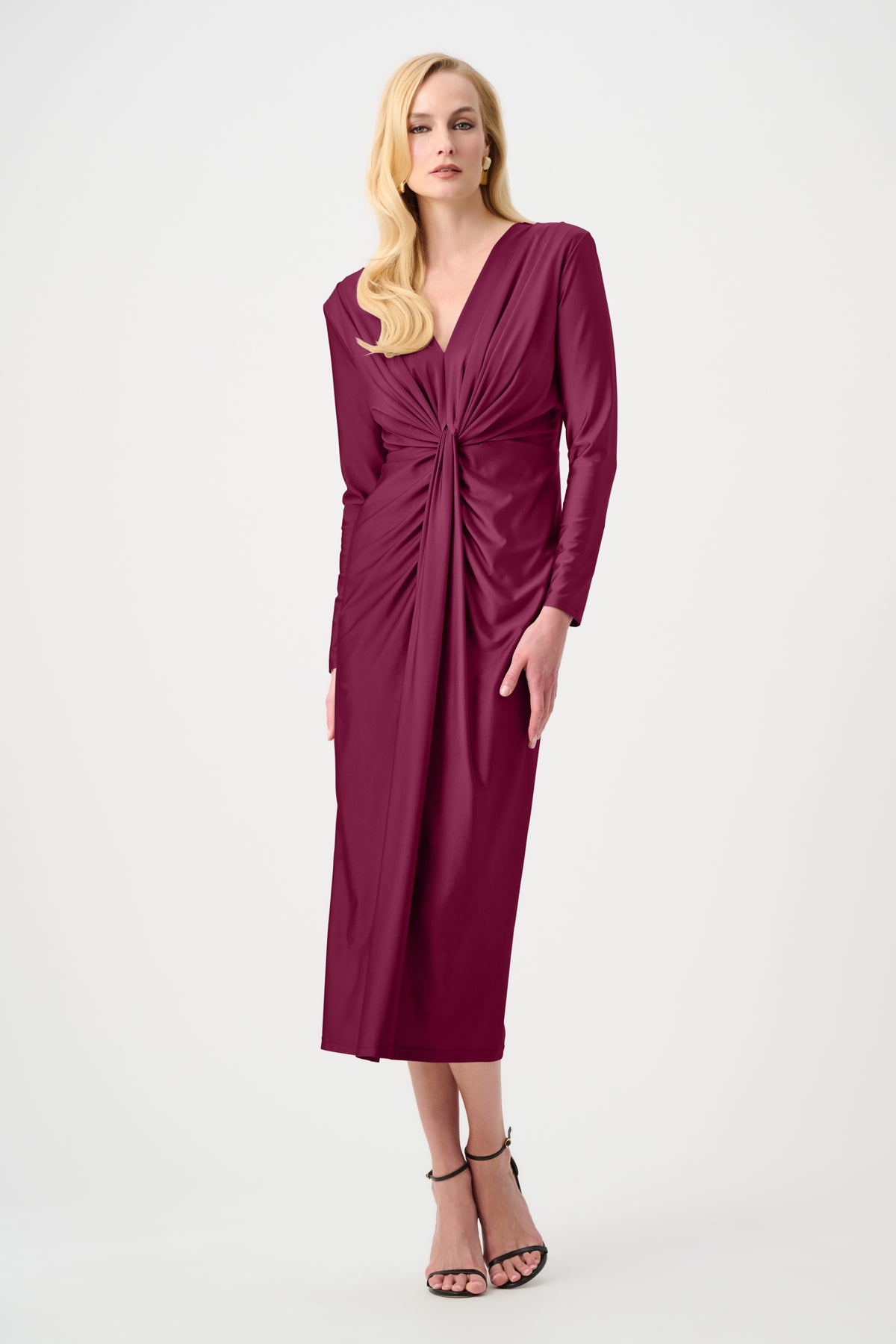 Joseph Ribkoff Berry Burst Signature | Satin Effect Knit Draped V-Neck Sheath Dress