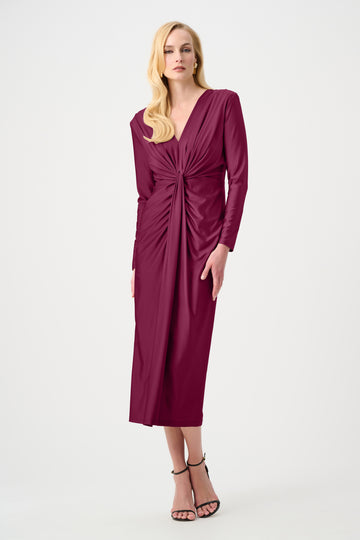 Joseph Ribkoff Berry Burst Signature | Satin Effect Knit Draped V-Neck Sheath Dress