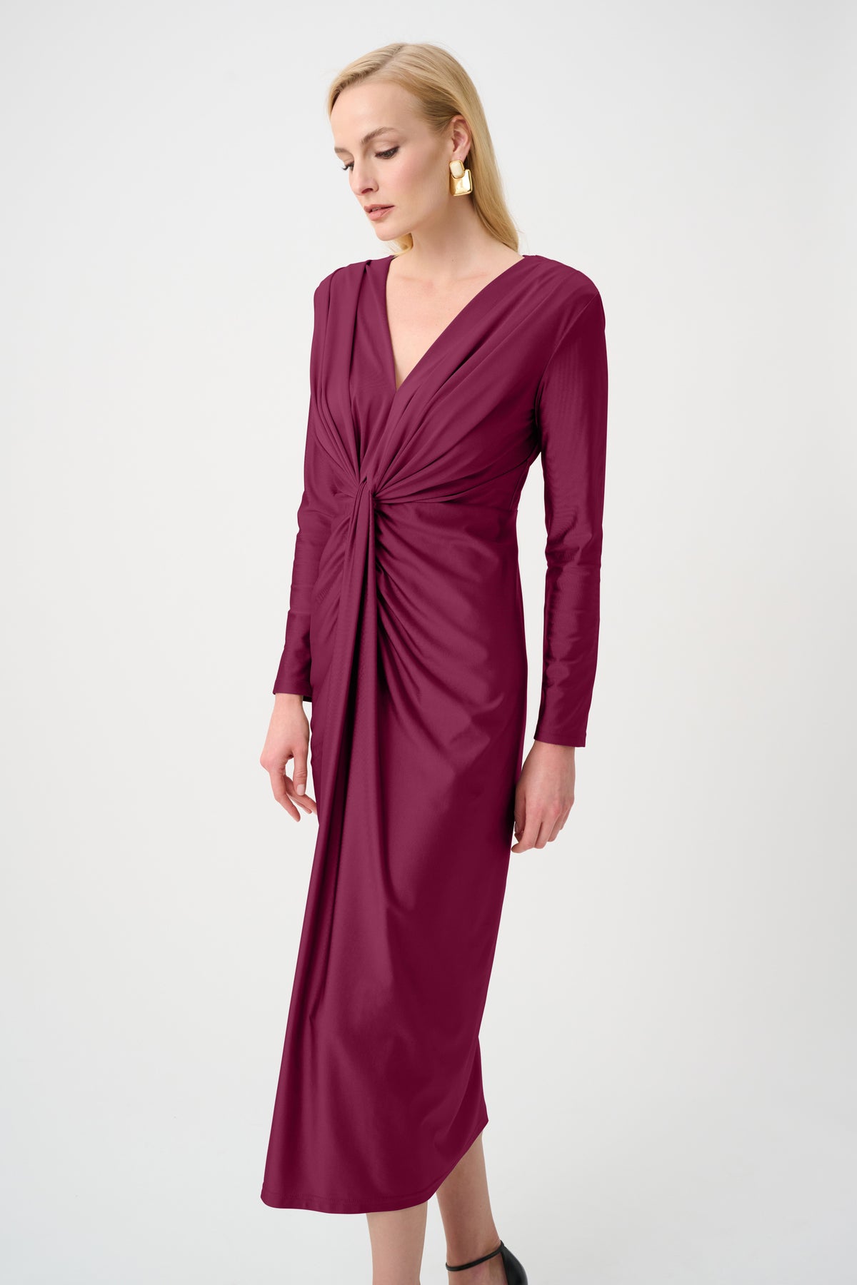 Joseph Ribkoff Berry Burst Signature | Satin Effect Knit Draped V-Neck Sheath Dress