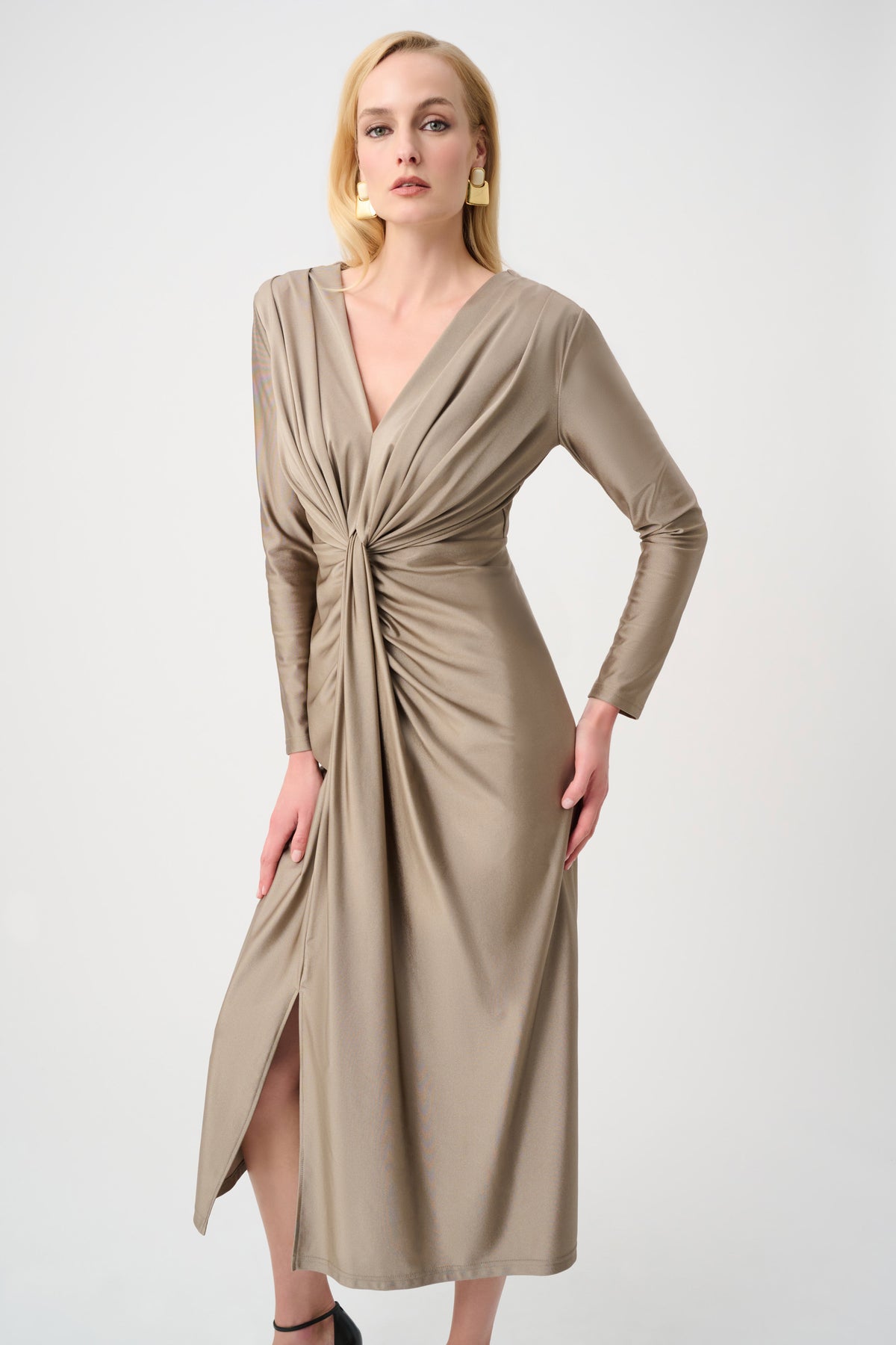 Joseph Ribkoff Platnium Grey Signature | Satin Effect Knit Draped V-Neck Sheath Dress