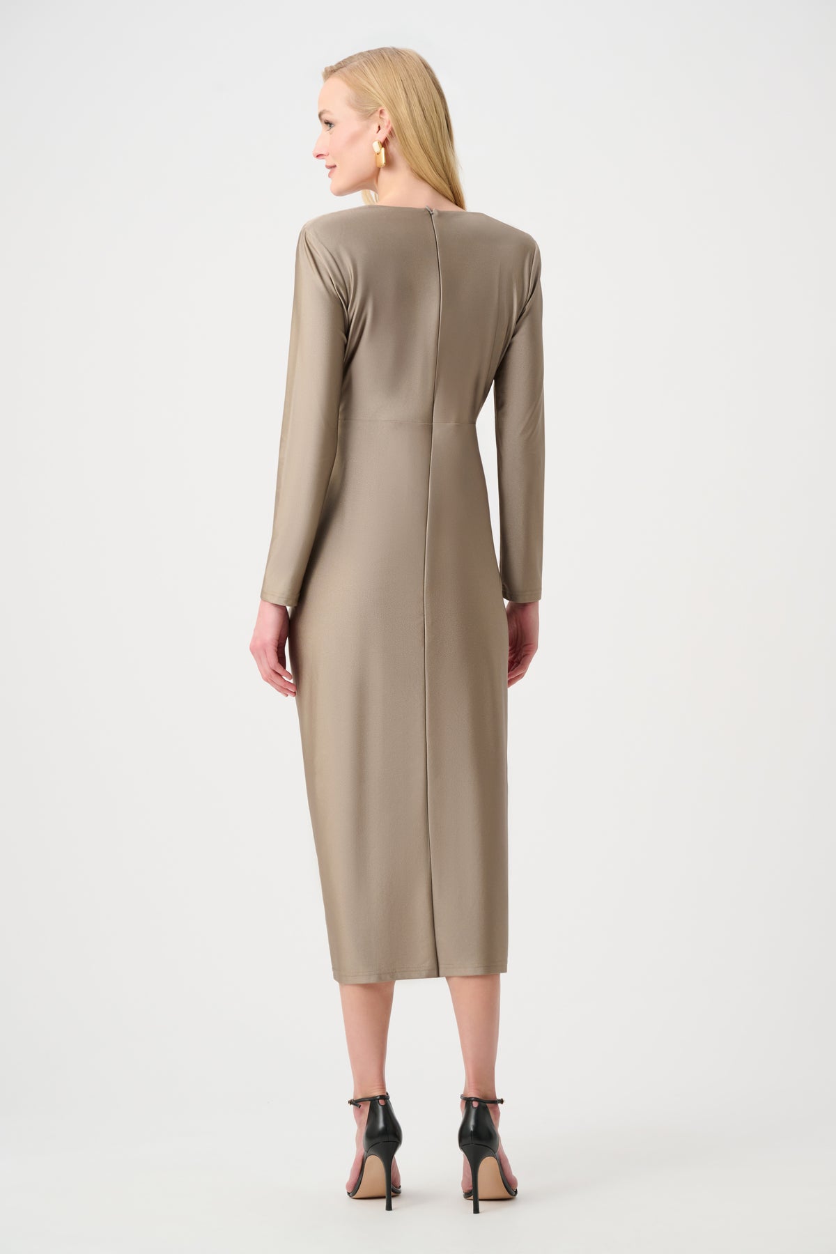 Joseph Ribkoff Platnium Grey Signature | Satin Effect Knit Draped V-Neck Sheath Dress