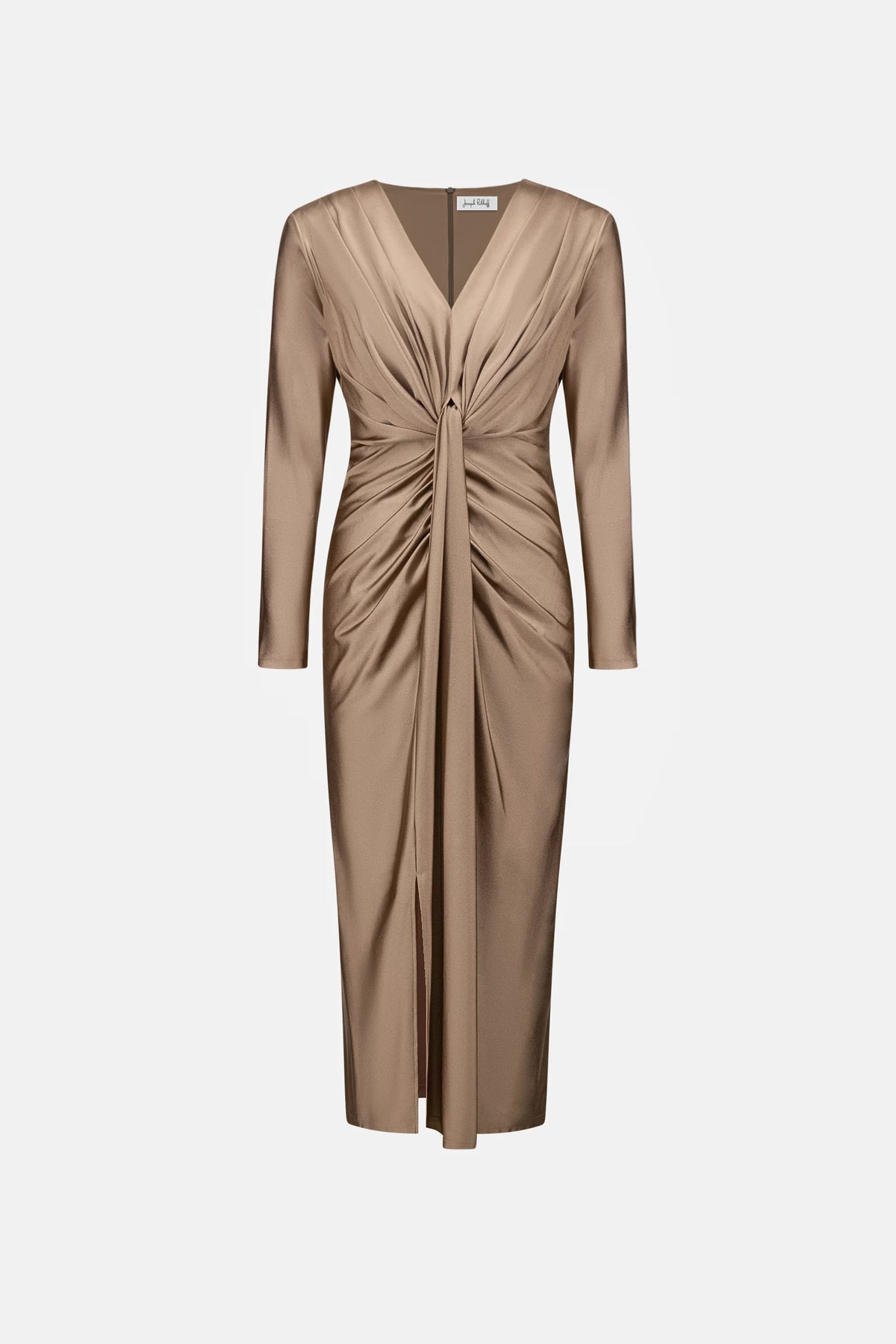 Joseph Ribkoff Platnium Grey Signature | Satin Effect Knit Draped V-Neck Sheath Dress