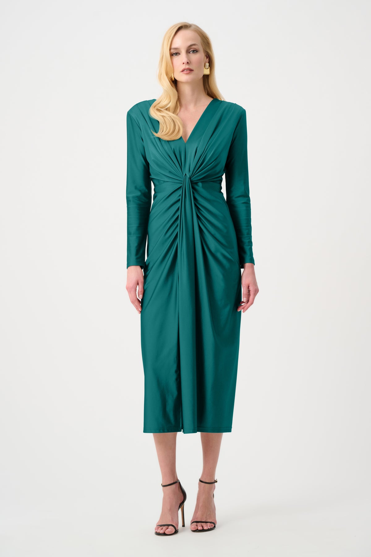 Joseph Ribkoff Opulent Green Signature | Satin Effect Knit Draped V-Neck Sheath Dress