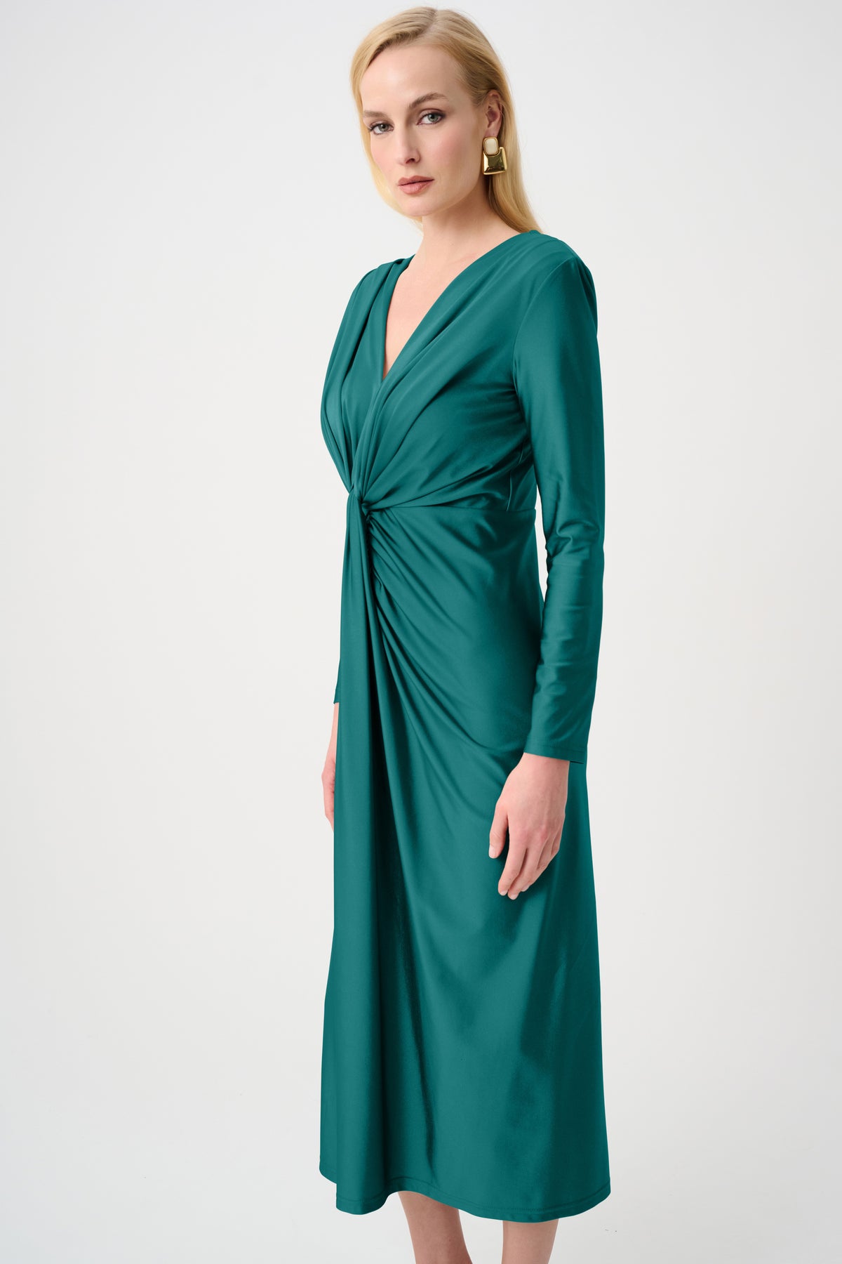 Joseph Ribkoff Opulent Green Signature | Satin Effect Knit Draped V-Neck Sheath Dress