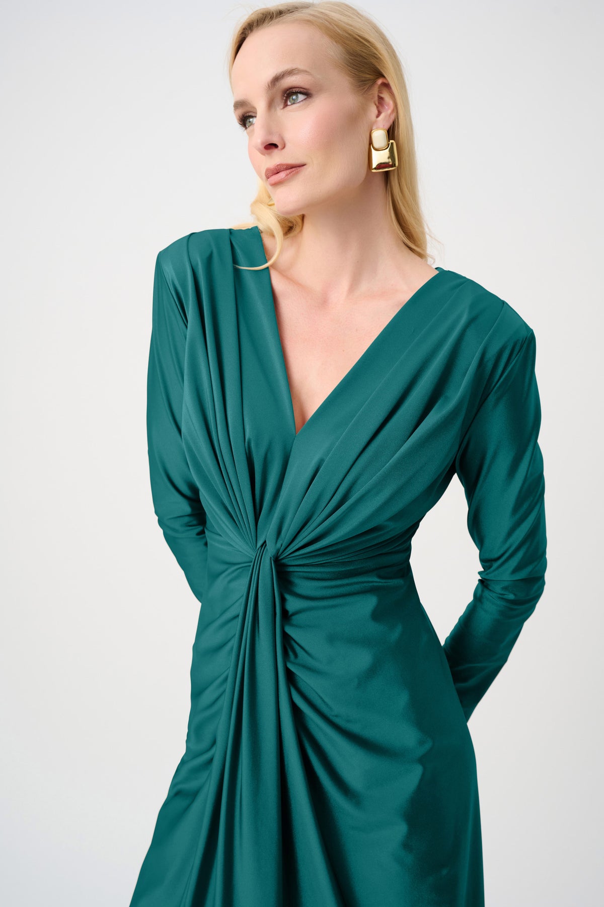Joseph Ribkoff Opulent Green Signature | Satin Effect Knit Draped V-Neck Sheath Dress