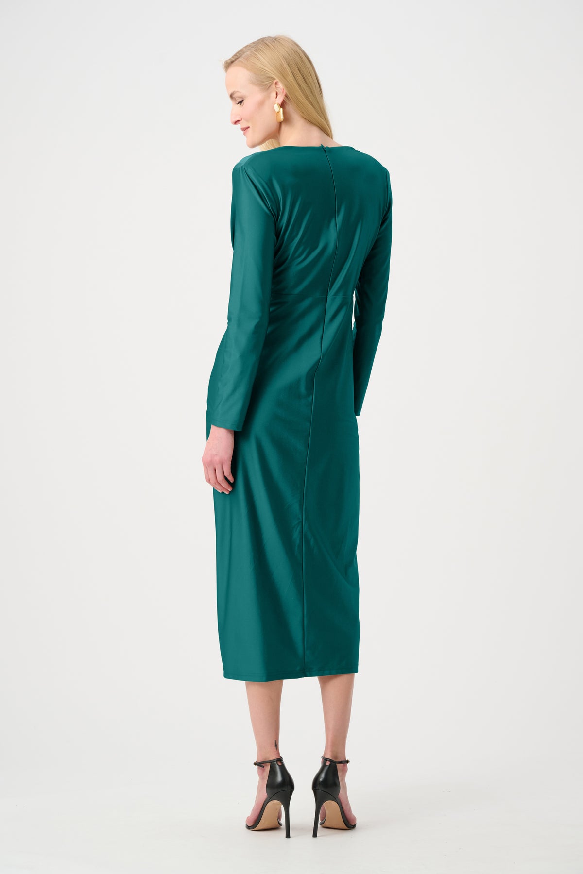 Joseph Ribkoff Opulent Green Signature | Satin Effect Knit Draped V-Neck Sheath Dress