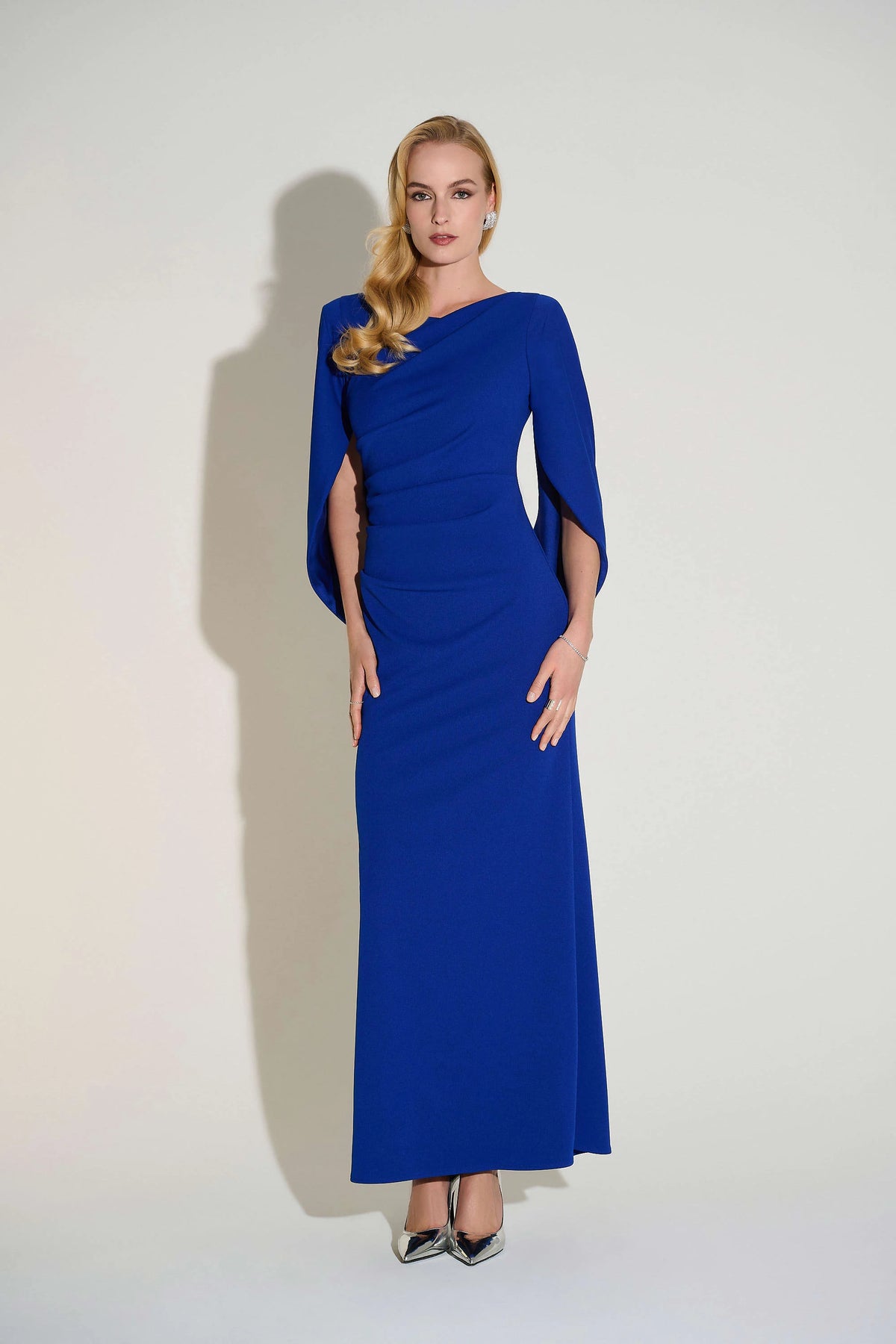 Joseph Ribkoff Royal Sapphire Scuba Crepe Trumpet Gown with Satin Cowl Sleeves