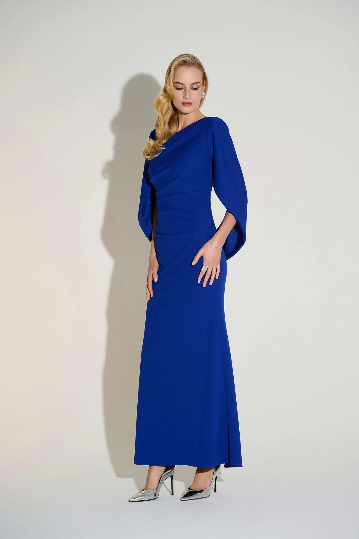 Joseph Ribkoff Royal Sapphire Scuba Crepe Trumpet Gown with Satin Cowl Sleeves