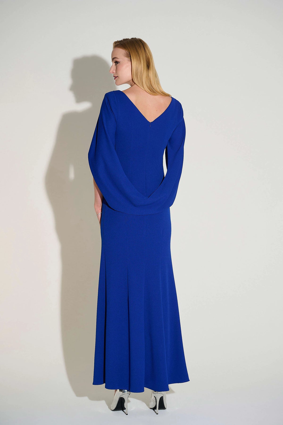 Joseph Ribkoff Royal Sapphire Scuba Crepe Trumpet Gown with Satin Cowl Sleeves