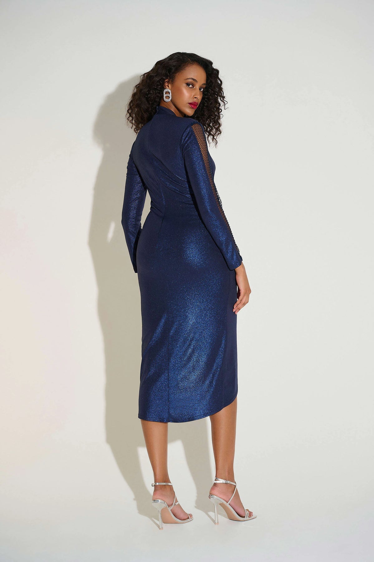 Joseph Ribkoff Navy Foiled Knit Wrap Dress With Mesh Sleeve Detail