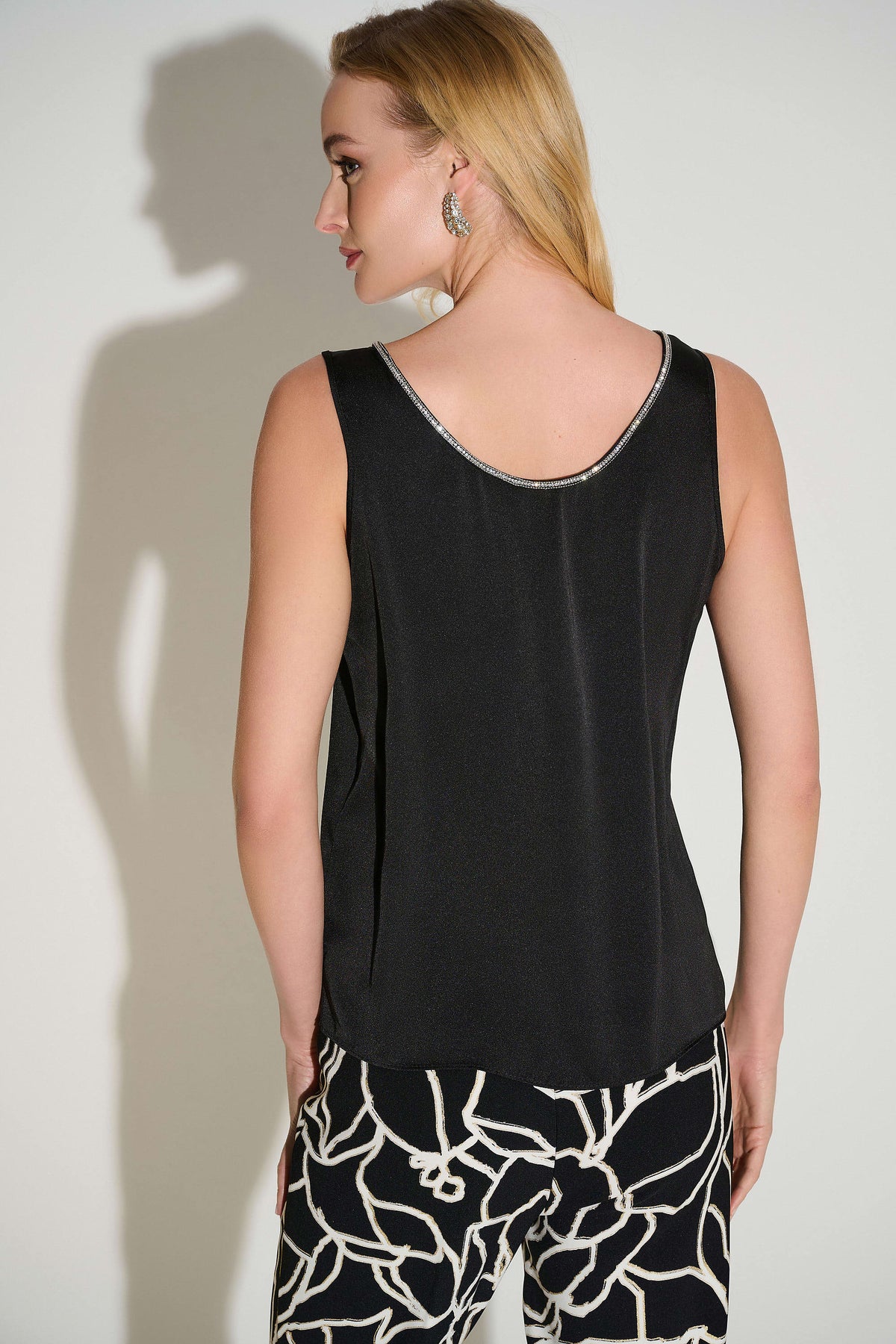 Joseph Ribkoff Black Signature | Recycled Satin Top with Rhinestone Trim
