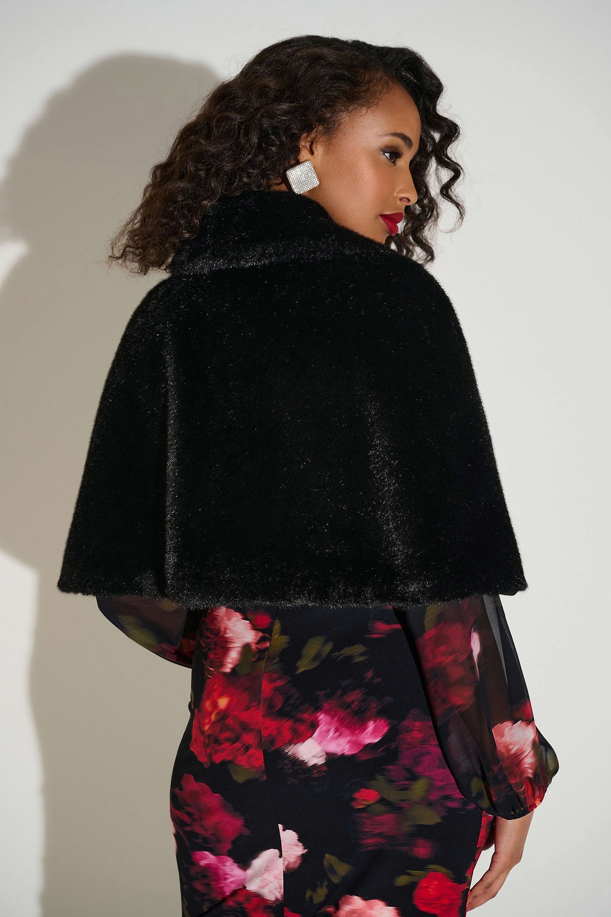 Joseph Ribkoff Black Signature | Faux Fur Cape with Crystal Brooch