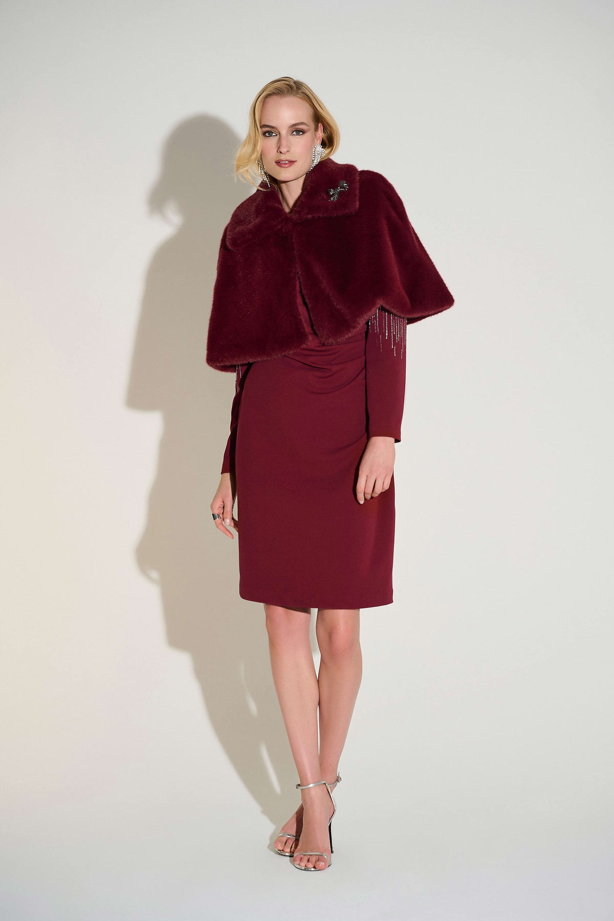 Joseph Ribkoff Merlot Signature | Faux Fur Cape with Crystal Brooch
