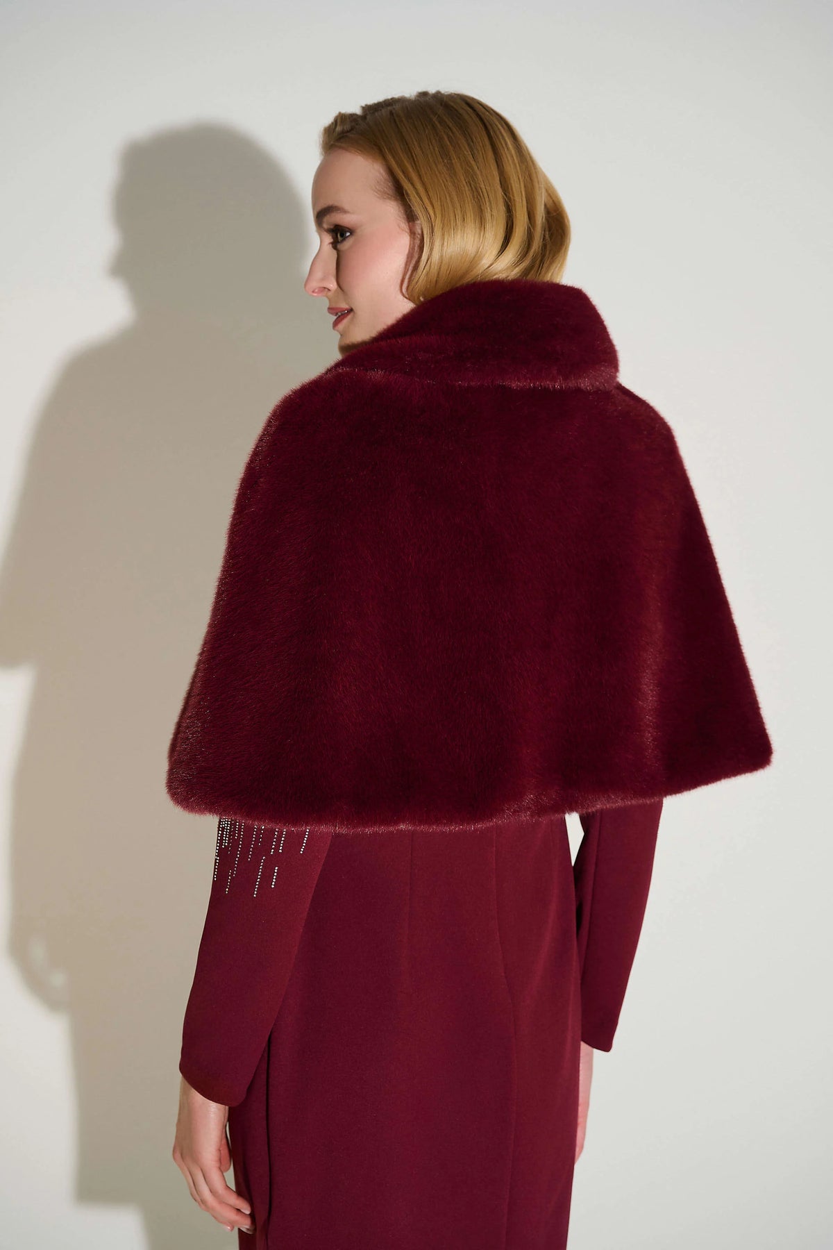 Joseph Ribkoff Merlot Signature | Faux Fur Cape with Crystal Brooch