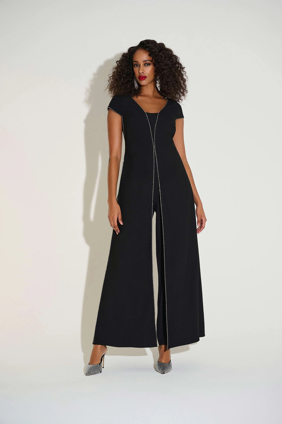Joseph Ribkoff Black Signature | Woven Wide Leg Jumpsuit with Rhinestone Detail