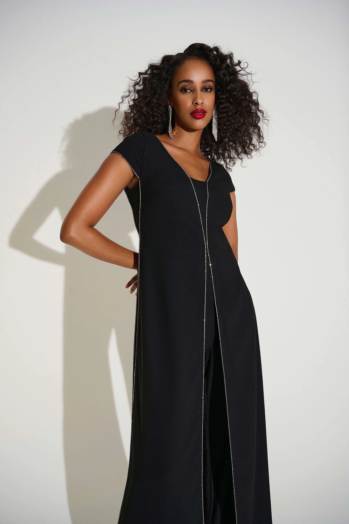Joseph Ribkoff Black Signature | Woven Wide Leg Jumpsuit with Rhinestone Detail