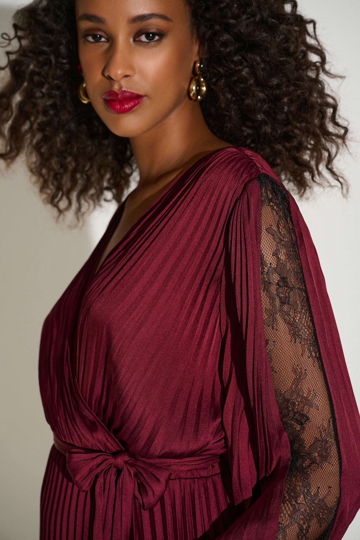 Joseph Ribkoff Merlot Pleated Satin Fit &amp; Flare Dress