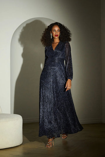Joseph Ribkoff Navy Lurex Plissé Mesh Wrap-Front Gown