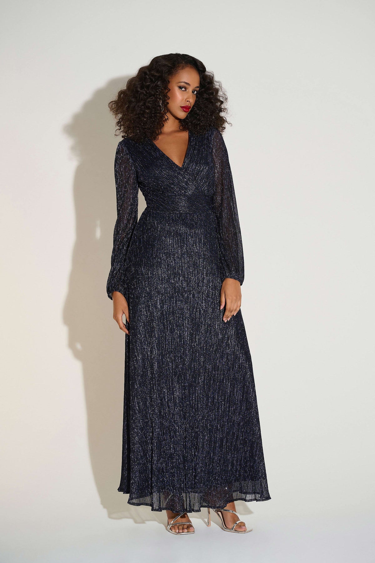 Joseph Ribkoff Navy Lurex Plissé Mesh Wrap-Front Gown