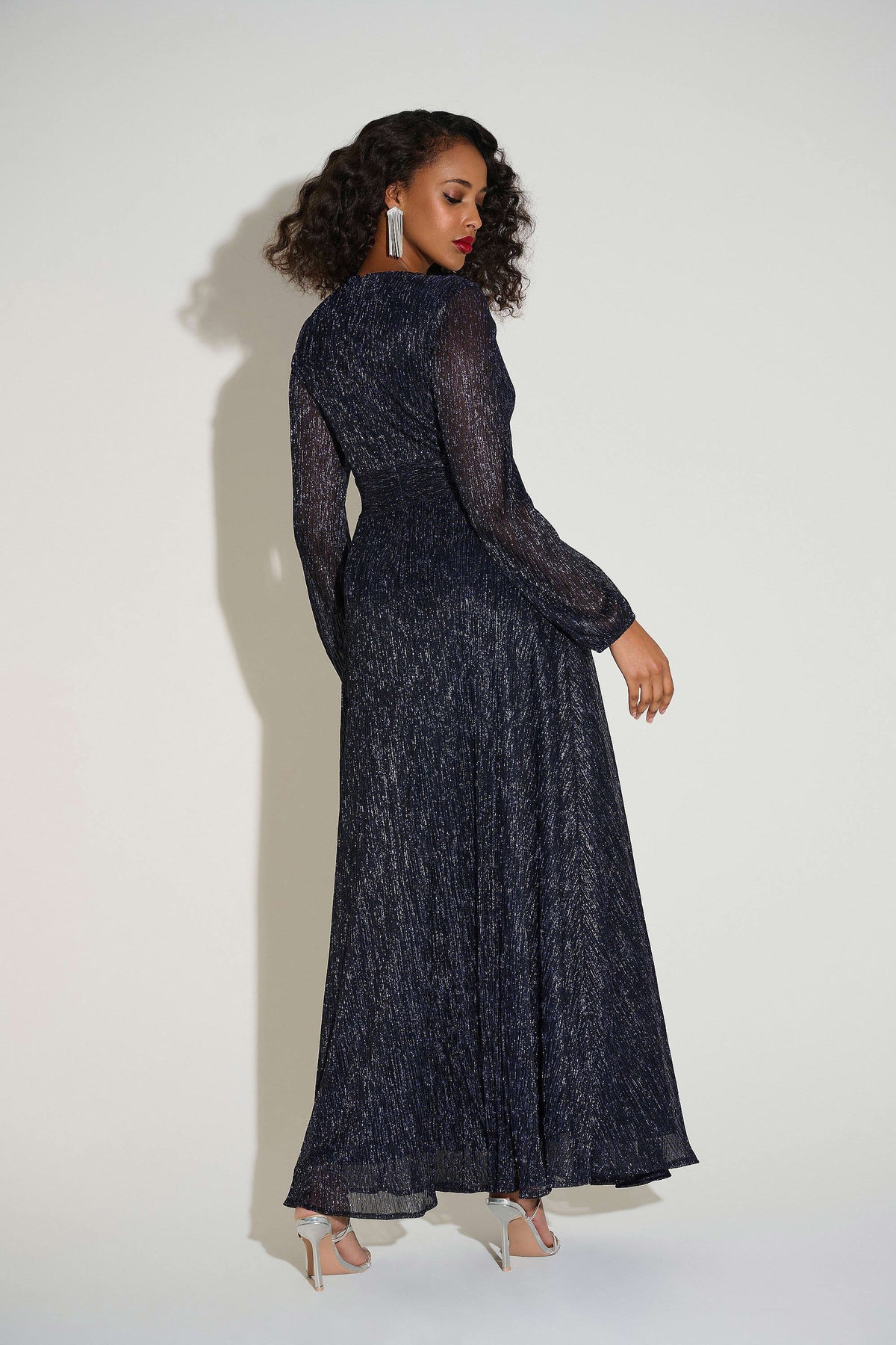 Joseph Ribkoff Navy Lurex Plissé Mesh Wrap-Front Gown