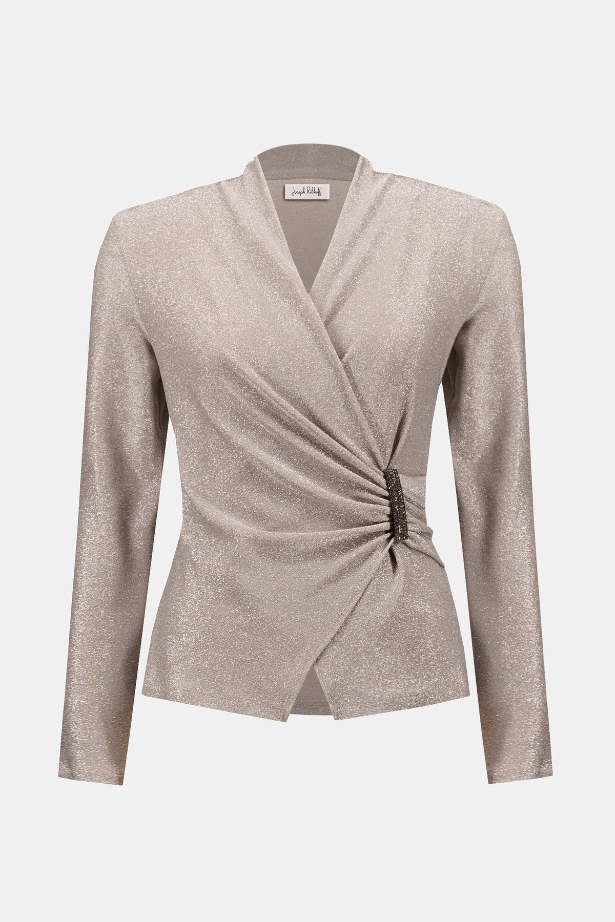 Joseph Ribkoff Taupe Signature | Novelty Knit Wrap-Style Fitted Top