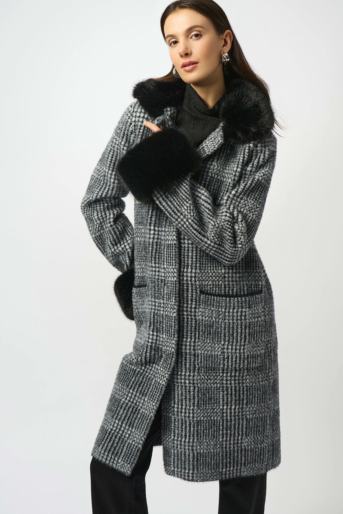 Joseph Ribkoff Black/White Feather Yarn Plaid Jacquard Coat with Faux Fur Trim
