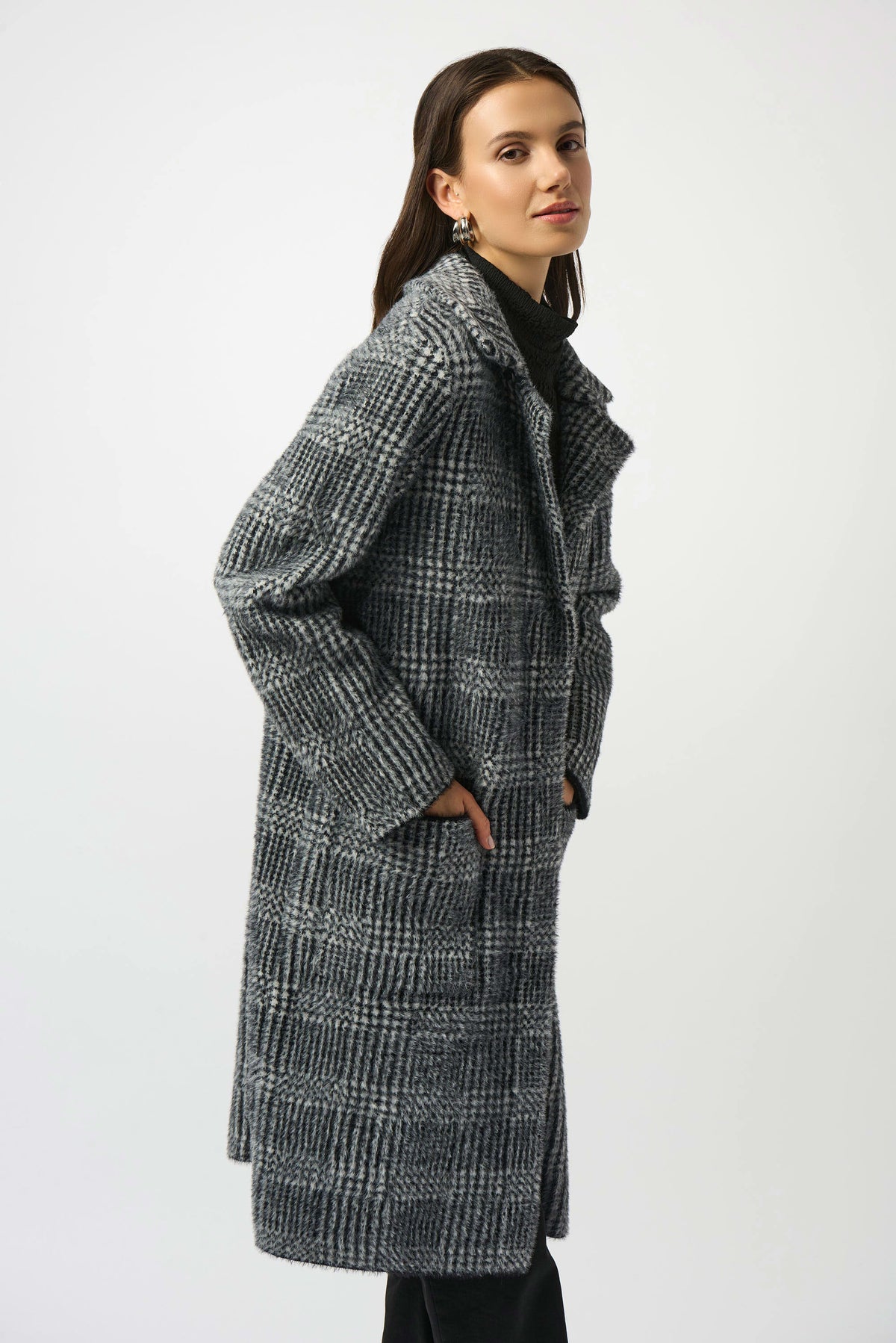 Joseph Ribkoff Black/White Feather Yarn Plaid Jacquard Coat with Faux Fur Trim