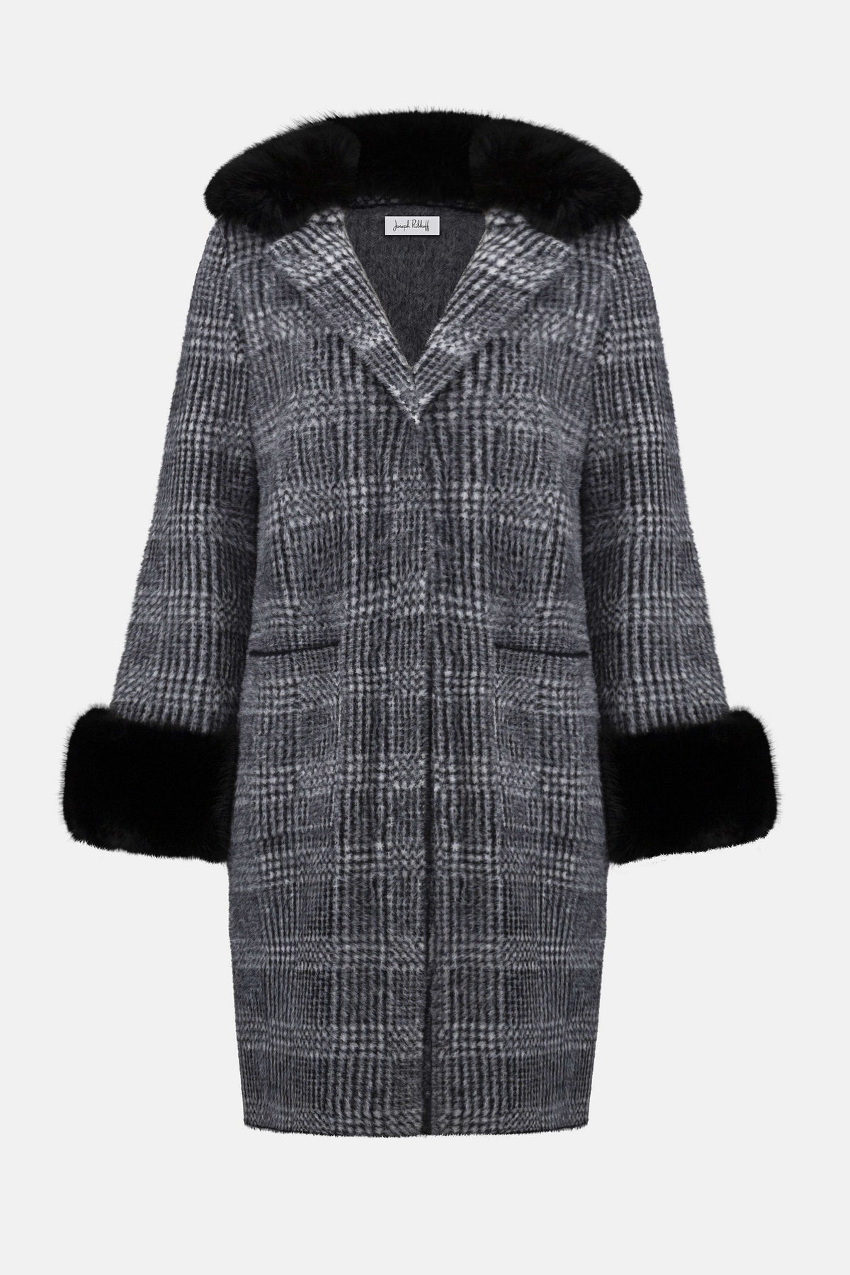 Joseph Ribkoff Black/White Feather Yarn Plaid Jacquard Coat with Faux Fur Trim