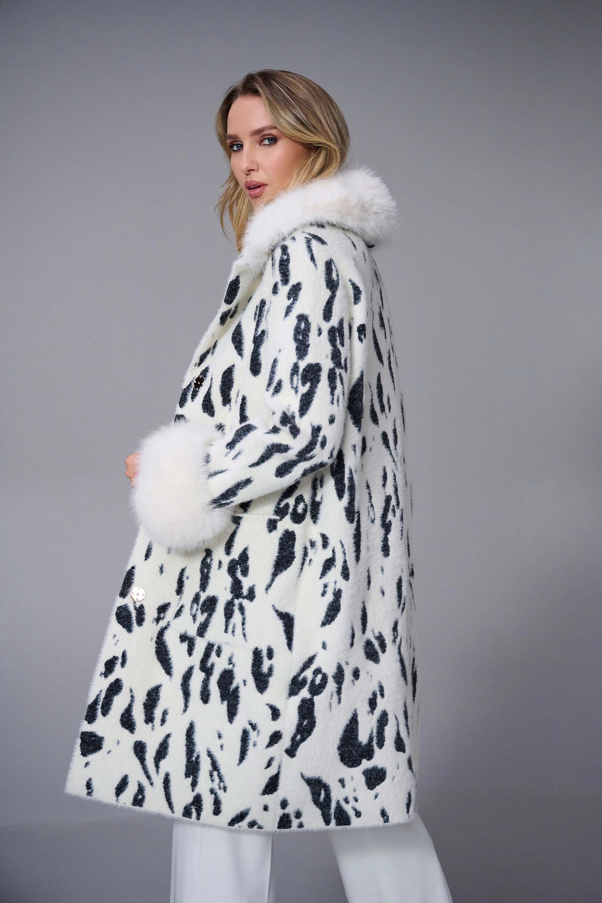 Joseph Ribkoff Winter White/Black Feather Yarn Animal Jacquard Coat with Faux Fur Trim