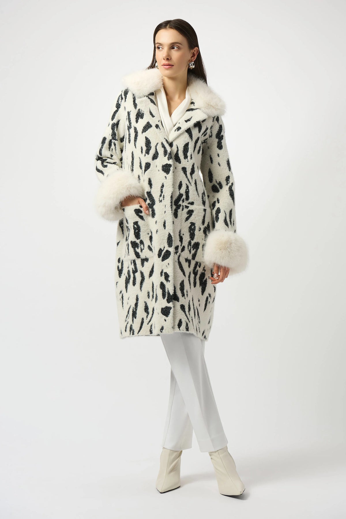 Joseph Ribkoff Winter White/Black Feather Yarn Animal Jacquard Coat with Faux Fur Trim